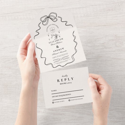 Doodle Champagne Whimsical Bow Wedding All In One Einladung (Abreißen)