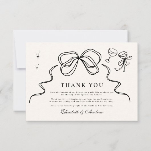 Doodle Champagne Whimsical Bow Wedding Dankeskarte (Vorderseite)