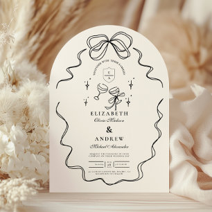 Doodle Champagne Whimsical Bow Wedding Einladung
