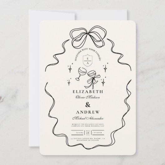 Doodle Champagne Whimsical Bow Wedding Einladung (Vorderseite)