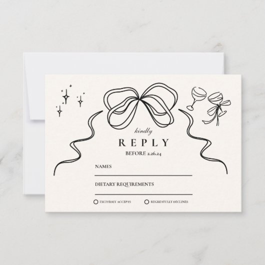 Doodle Champagne Whimsical Bow Wedding RSVP Karte (Vorderseite)