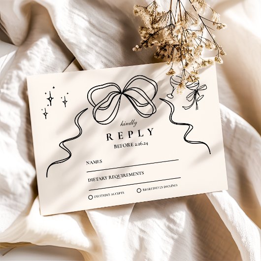 Doodle Champagne Whimsical Bow Wedding RSVP Karte