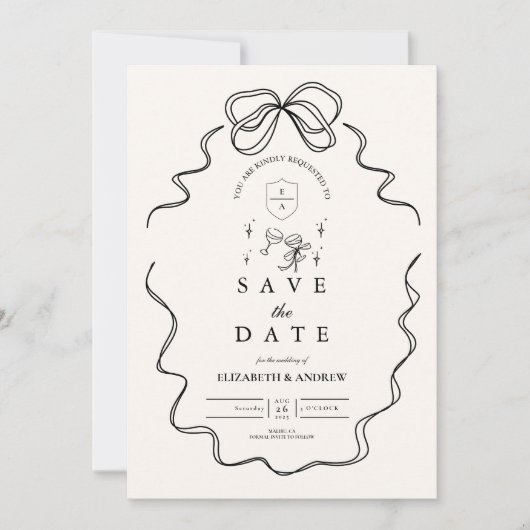 Doodle Champagne Whimsical Bow Wedding Save The Date (Vorderseite)
