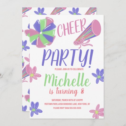 Doodle Cheer Party Cheerleading Birthday Einladung (Vorne/Hinten)