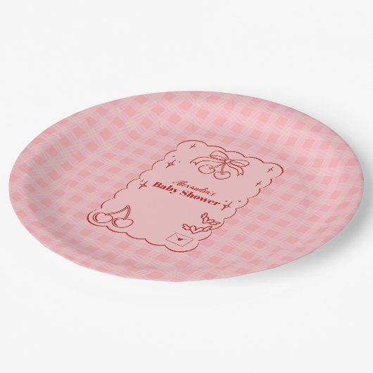 Doodle Cherry Bow Bow Baby Dusche Pappteller (Schrägansicht)