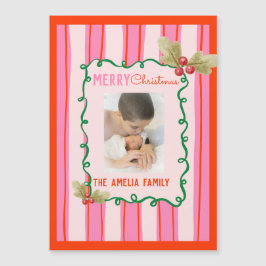 Doodle Christmas Pink Red Border Photo Holiday Magnetkarte