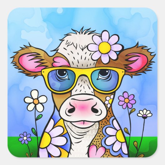 Doodle Cow Portrait Quadratischer Aufkleber (Vorderseite)