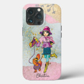 Doodle Dark Hair Girl mit Hundename Case-Mate iPhone Hülle (Rückseite)
