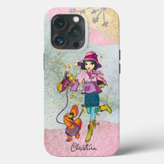 Doodle Dark Hair Girl mit Hundename Case-Mate iPhone Hülle (Rückseite)