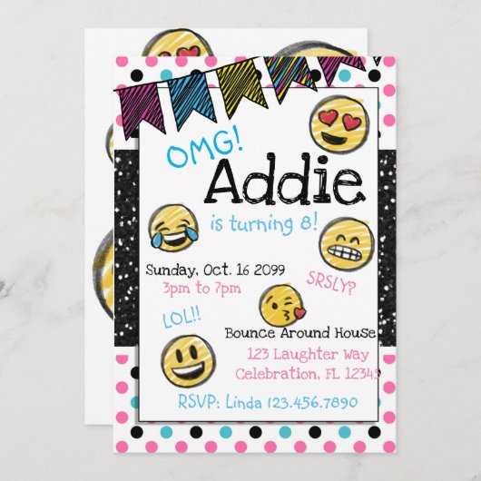 Doodle Emoji Pink & Blue Tween Einladung (Vorne/Hinten)