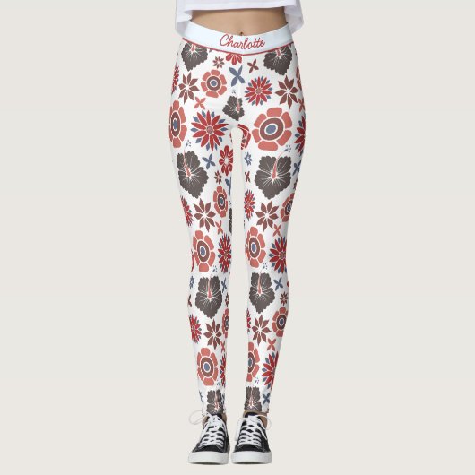 Doodle farbige Blumenmuster personalisierter Name Leggings (Vorderseite)