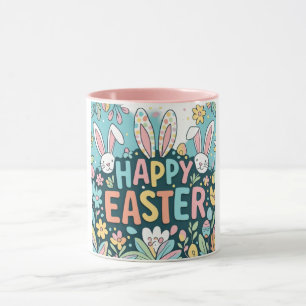 Doodle Floral Happy Oaster Bunnies Tasse