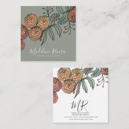 Doodle Florals Wreath Sprigs Greenerenerity Design Quadratische Visitenkarte (Vorne/Hinten)