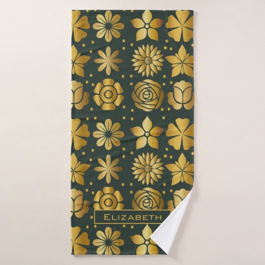 Doodle goldfarbenes Blumenmuster personalisierter Badehandtuch (Badehandtuch)
