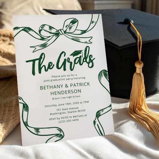 Doodle Green Bow Joint Graduation Party Einladung