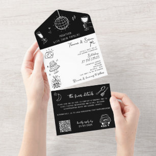 Doodle Hand, alle in einem Schwarz-weißen QR-Code  All In One Einladung