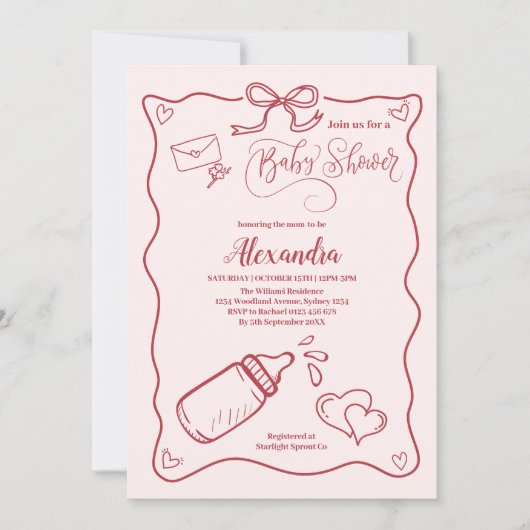 Doodle Hand Drawn Bow Baby Dusche Einladung (Vorderseite)