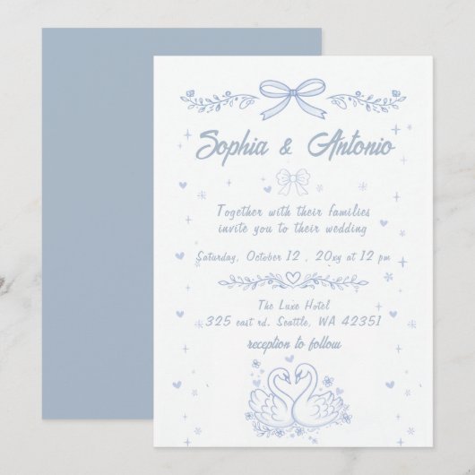 Doodle Hand Drawn Dusty Blue Swans Wedding Einladung (Vorne/Hinten)