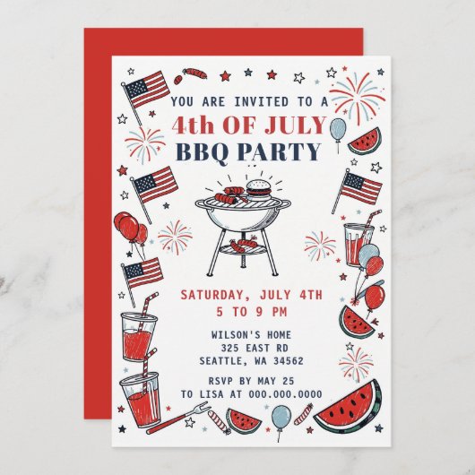 Doodle Hand Drawn July 4th BBQ Holiday Party  Einladung (Vorne/Hinten)