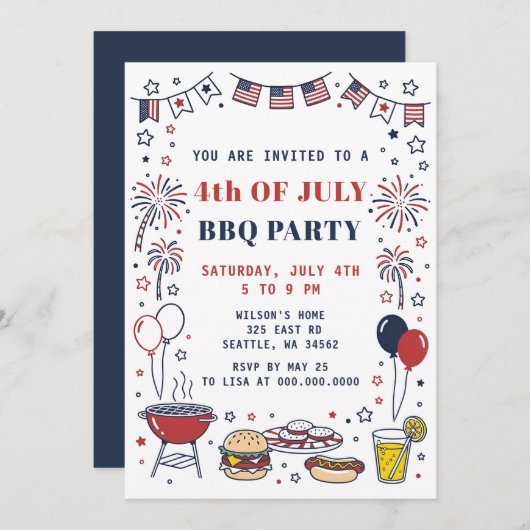 Doodle Hand Drawn July 4th BBQ Holiday Party Einladung (Vorne/Hinten)