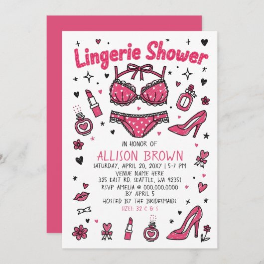 Doodle Hand Drawn Lingerie Shower Bachelorette Einladung (Vorne/Hinten)