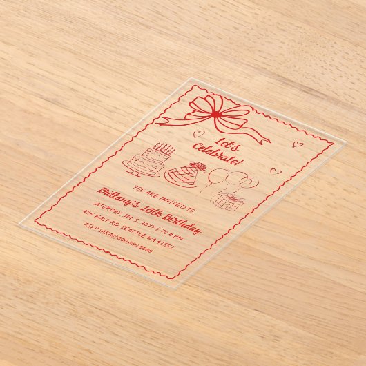 Doodle Hand gezeichnet Rosa Coquette Bow Geburtsta Acryleinladungen (Ablage )