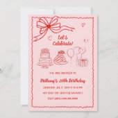 Doodle Hand gezeichnet Rosa Coquette Bow Geburtsta Einladung (Vorderseite)