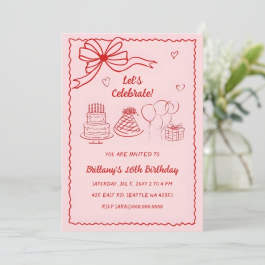 Doodle Hand gezeichnet Rosa Coquette Bow Geburtsta Einladung (Stehend Vorderseite)