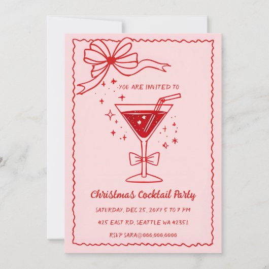 Doodle Hand gezeichnet Rosa Red Bow Weihnachtscock Einladung (Vorderseite)