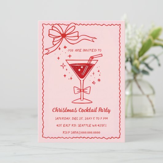 Doodle Hand gezeichnet Rosa Red Bow Weihnachtscock Einladung (Stehend Vorderseite)