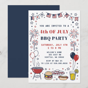 Doodle-Handzeichnung 4. Juli BBQ-Urlaubsparty Einladung