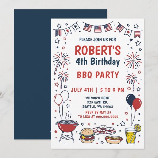 Doodle-Handzeichnung zum 4. Juli BBQ-Geburtstagsfe Einladung (Vorne/Hinten)