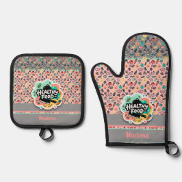 Doodle Healthy Food Kitchen Knife Sticker Ofenhandschuh & Topflappen-Set