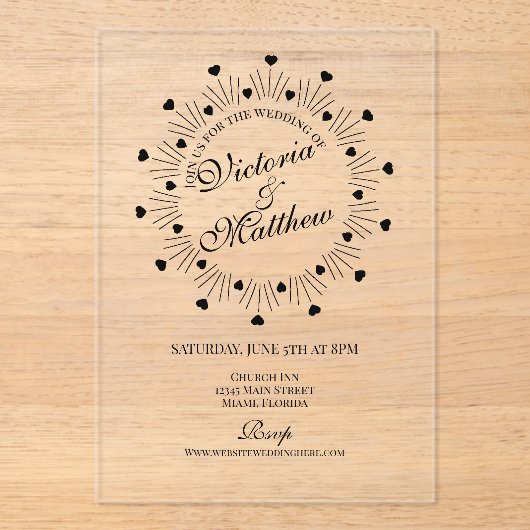 Doodle Hearts Frame Script Wedding Acryleinladungen (Vorderseite)