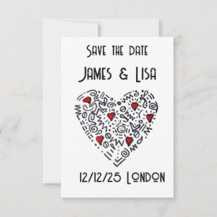 Doodle Herz Save-the-Date – Schwarz, Weiß individu Dankeskarte