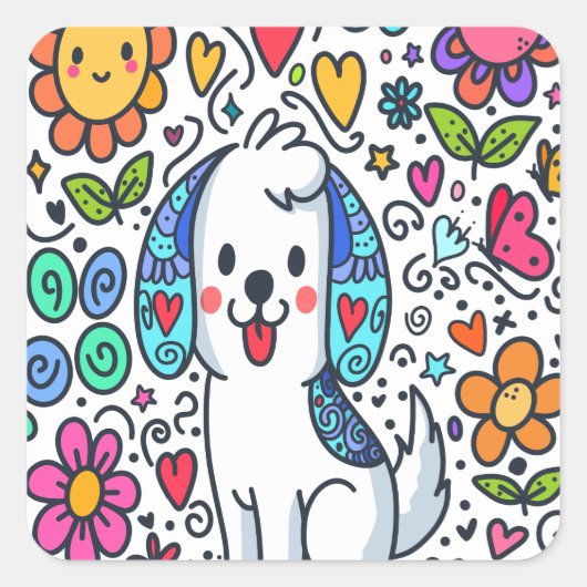 Doodle Hund, Blume, Herz und Schmetterlinge Quadratischer Aufkleber (Vorderseite)