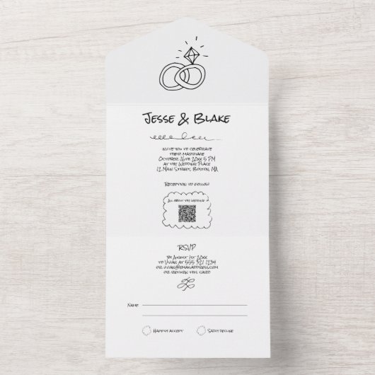 Doodle Illustrationen Hochzeiten in Schwarz und We All In One Einladung (Innen Boden)