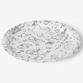 Doodle Illustrationen Hochzeiten in Schwarz und We Pappteller (Schrägansicht)