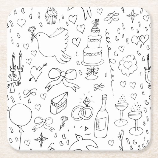 Doodle Illustrationen Hochzeiten in Schwarz und We Rechteckiger Pappuntersetzer (Vorderseite)