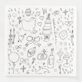 Doodle Illustrationen Hochzeiten in Schwarz und We Serviette
