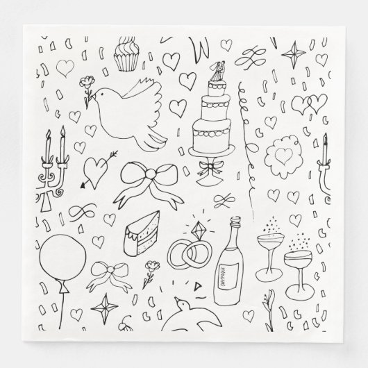 Doodle Illustrationen Hochzeiten in Schwarz und We Serviette (Vorderseite)