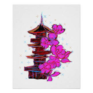 Doodle japonés: La belleza serena de una pagoda Poster