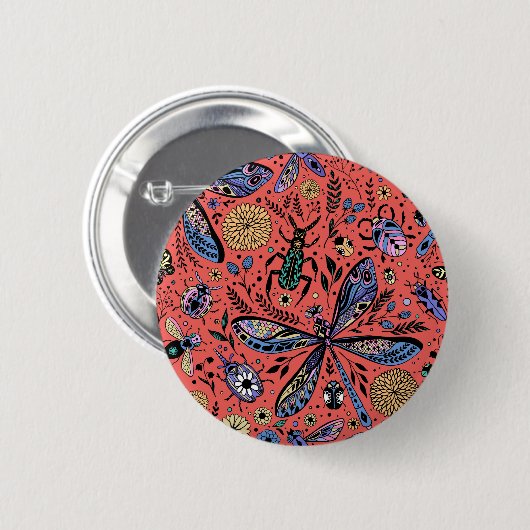 Doodle-Käfer auf Korallenrot Button (Vorne & Hinten)