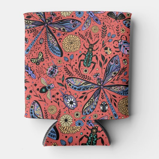 Doodle-Käfer auf Korallenrot Dosenkühler (Vorderseite)