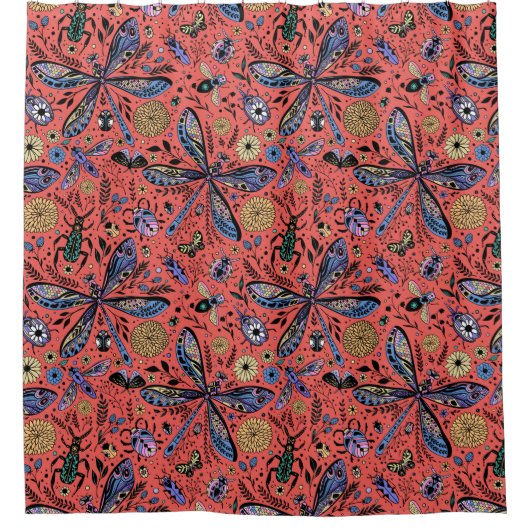 Doodle-Käfer auf Korallenrot Duschvorhang (Vorderseite)