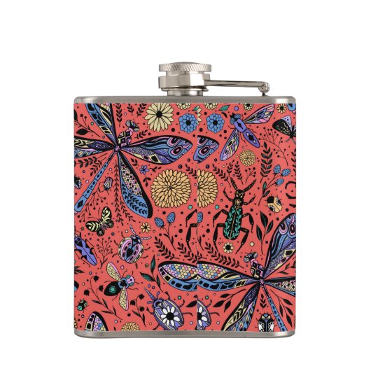 Doodle-Käfer auf Korallenrot Flachmann (Rückseite)