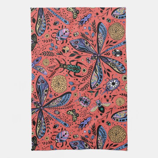 Doodle-Käfer auf Korallenrot Geschirrtuch (Vertikal)