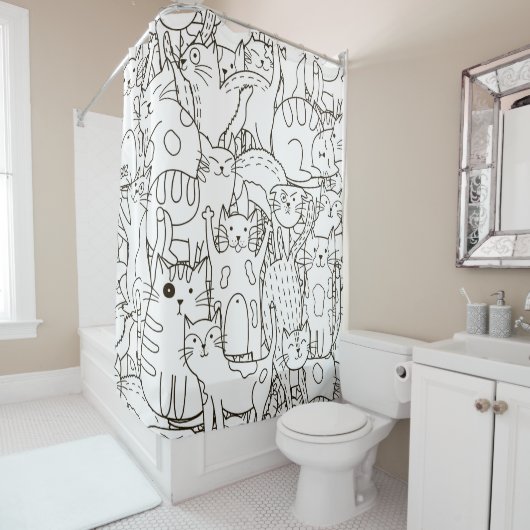 Doodle Katzen: schwarz-weiß. Duschvorhang (Beispiel)