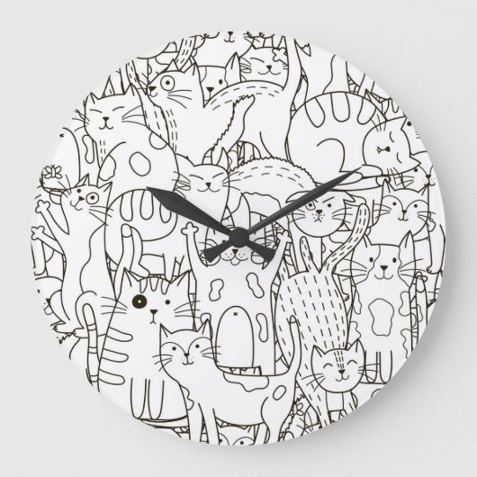 Doodle Katzen: schwarz-weiß. Große Wanduhr (Vorderseite)