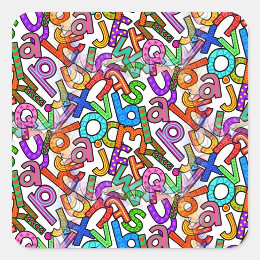 Doodle Kleinbuchstaben-Alphabetmuster Quadratischer Aufkleber (Vorderseite)